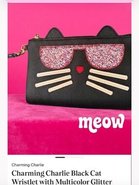 Charming Charlie Black Cat Wristlet with Multicolor Glitter Sunglasses